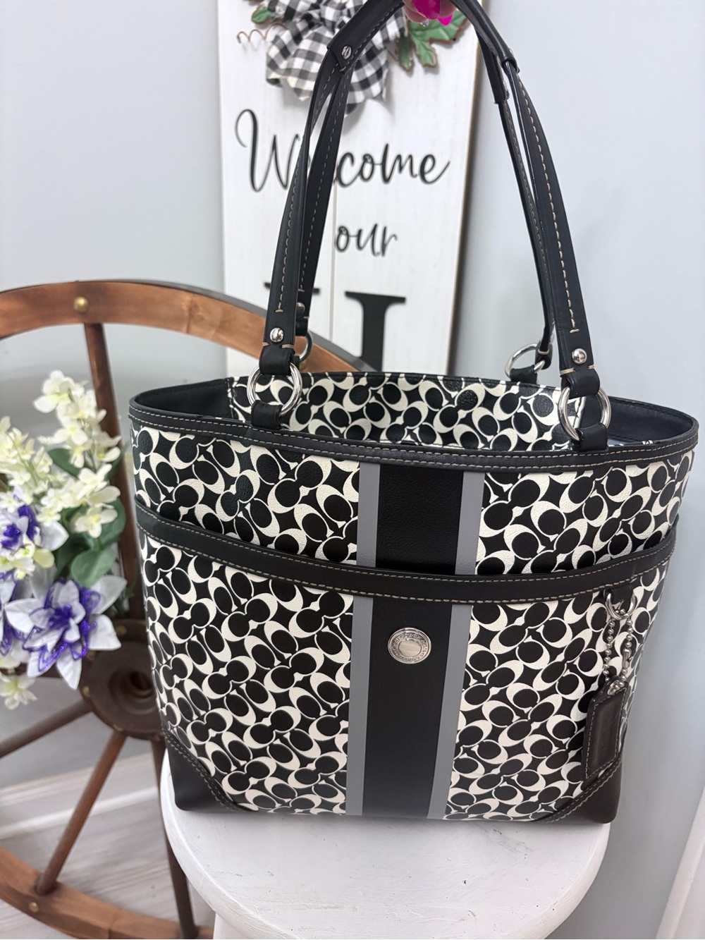 Coach Black and White Signature Tote with Striped Detail-Great condition